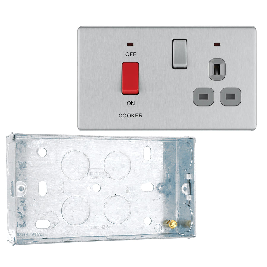 BG Screwless Brushed Steel 45 Amp Cooker Control Unit c/w Neon FBS70G with 25mm Steel Back Box