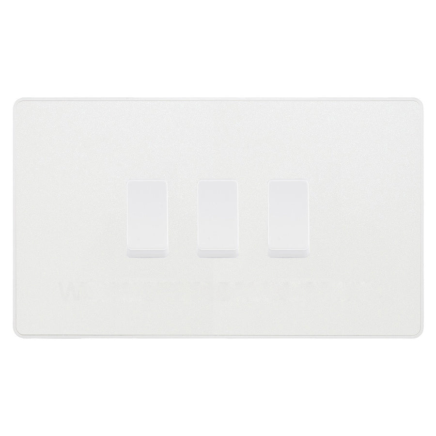 BG Evolve Pearlescent White 3 Gang Light Switch 1x Intermediate 2x 2 Way Custom Grid Switch