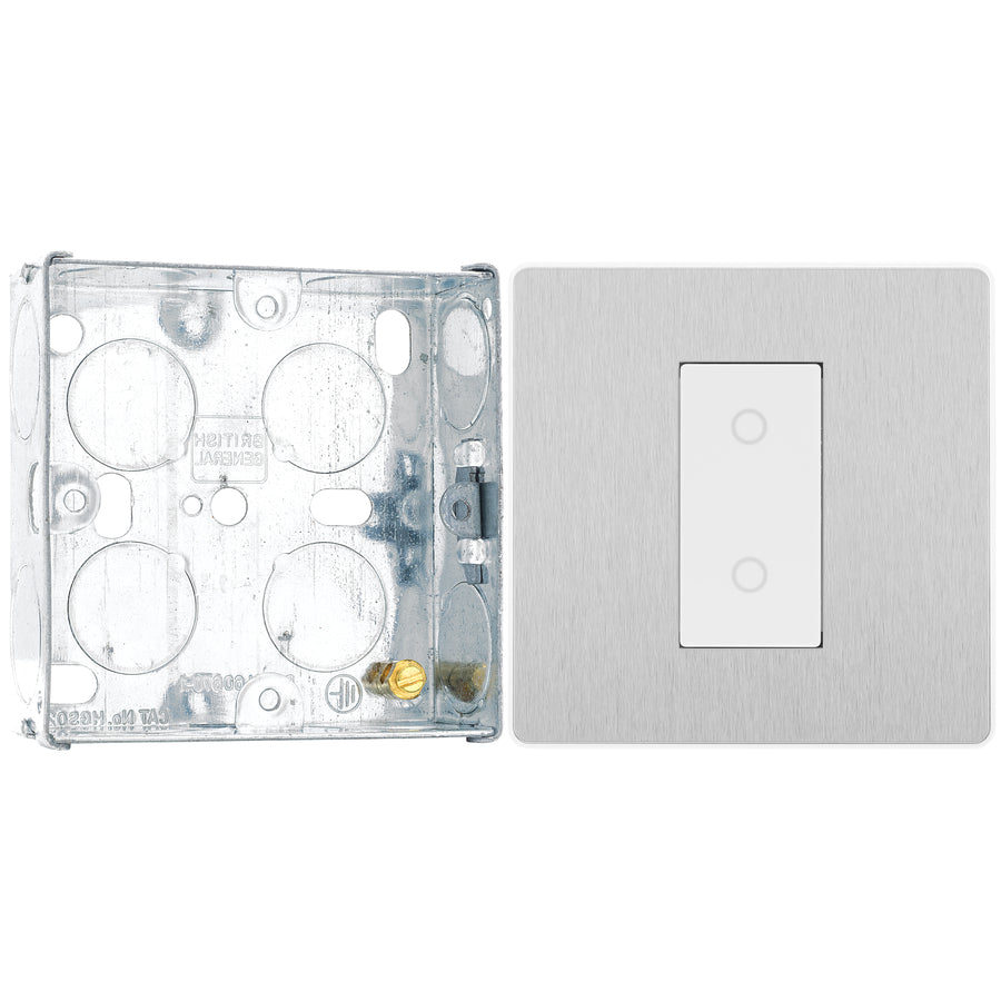 BG Evolve Brushed Steel 200W Trailing Edge Master Touch Dimmer PCDBSTDM1W with 25mm Steel Back Box