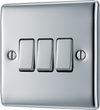 BG NPC43 Nexus Metal Polished Chrome 3 Gang 10A 10AX 2 Way Plate Switch
