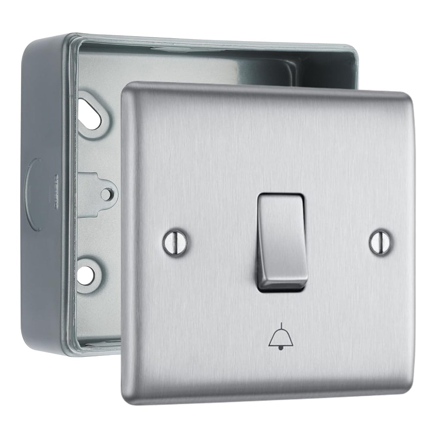 BG Nexus Metal Brushed Steel 10AX Bell Push Switch & Surface Pattress Back Box