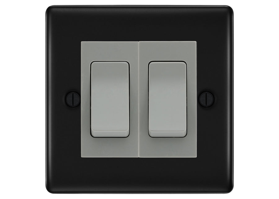 BG Nexus Matt Black 2 Gang 20AX 2-Way switch Custom Grid – Grey Insert