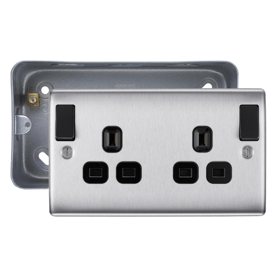 BG Nexus Metal Brushed Steel 13A DP Outboard Switched Socket & Surface Pattress Back Box
