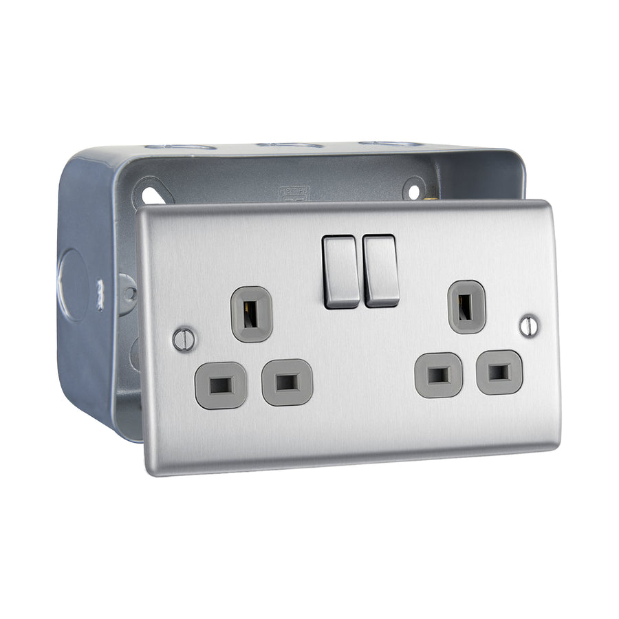 Brushed Steel 2 Gang 13A Switched Double Socket & Surface Pattress Back Box