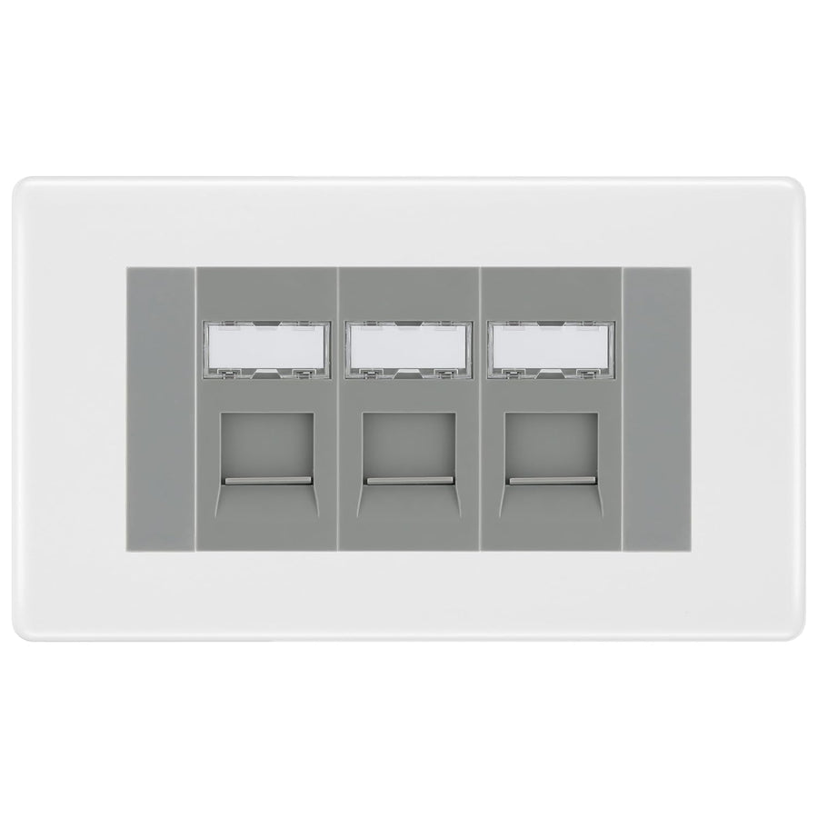 BG White Moulded 3 Gang RJ45 Cat6 Data Socket Outlet Grey Inserts