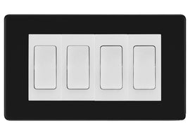 BG Electrical Screwless Matt Black 4-Gang Light Switch 1x 2-Way + 3x Intermediate – White Inserts