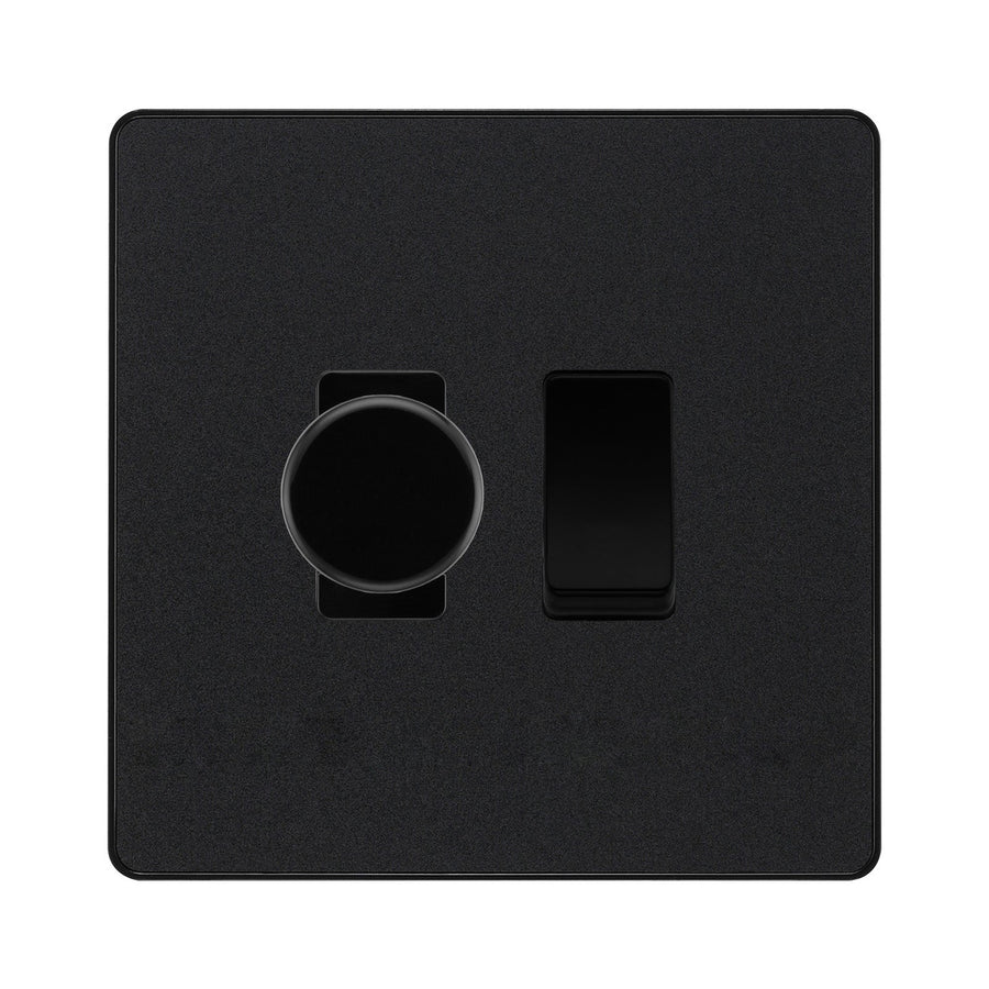 BG Evolve Matt Black 2 Gang Switch 1x Trailing Edge LED Dimmer 1x Intermediate Grid Switch