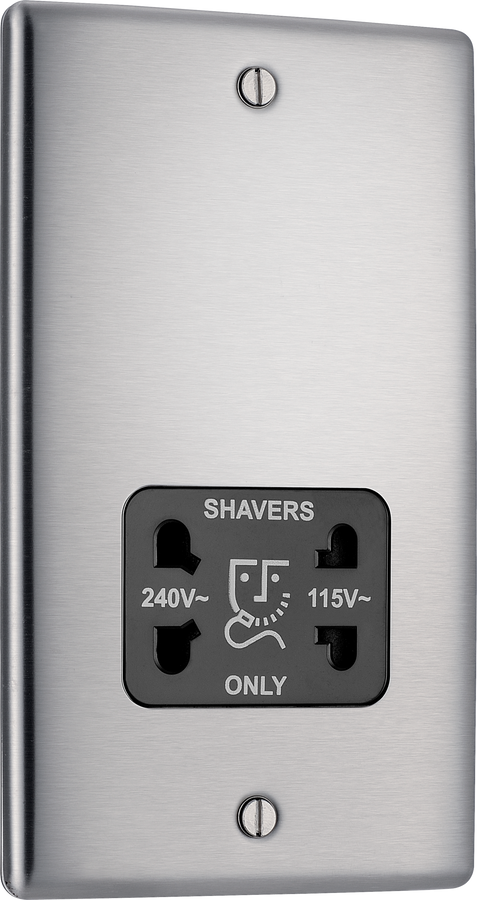 BG NBS20B Metal Brushed Steel 115-230V Dual Voltage Shaver Socket - Black Insert