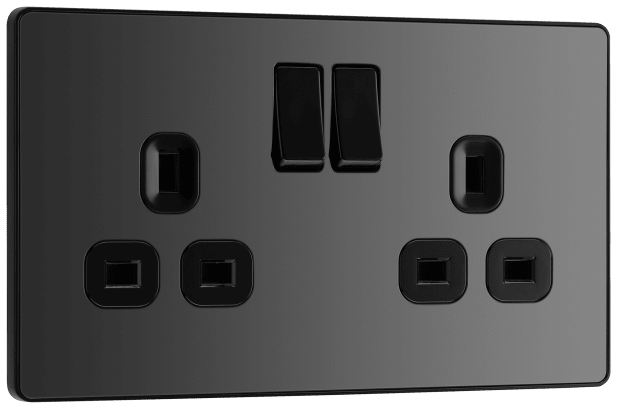 BG Evolve PCDBC22B Black Chrome 2 Gang 13A Switched Socket Outlet - Black Insert