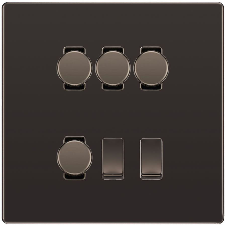 BG Screwless Black Nickel 6 Gang Switch 4x Trailing Edge LED Dimmer 2x 2Way Custom Grid Switch