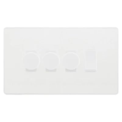 BG Evolve Pearlescent White 4 Gang Switch 3x Trailing Edge LED Dimmer 1x Intermediate Custom Grid Switch