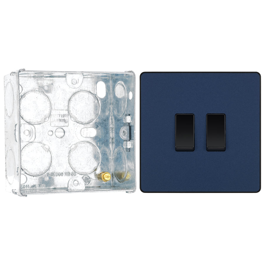 BG Evolve Matt Blue 2 Gang 20A 16AX 2 Way Light Switch PCDDB42B with 35mm Steel Back Box
