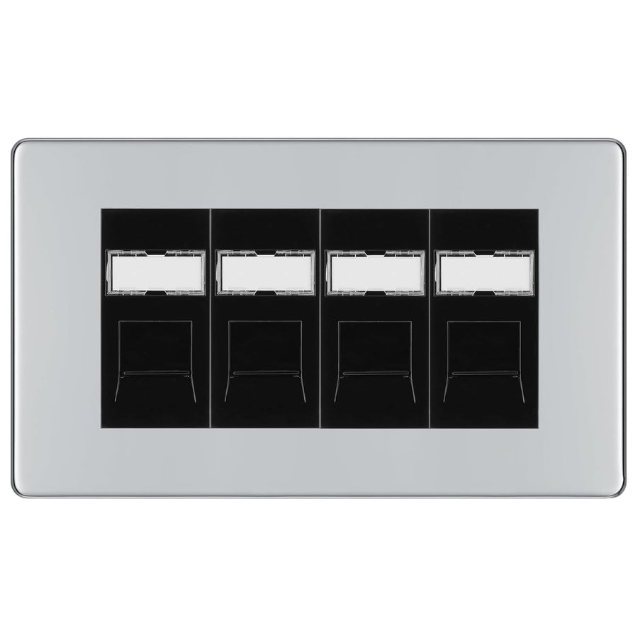 BG Screwless Polished Chrome 4 Gang RJ45 Cat6 Data Socket Outlet Black Inserts