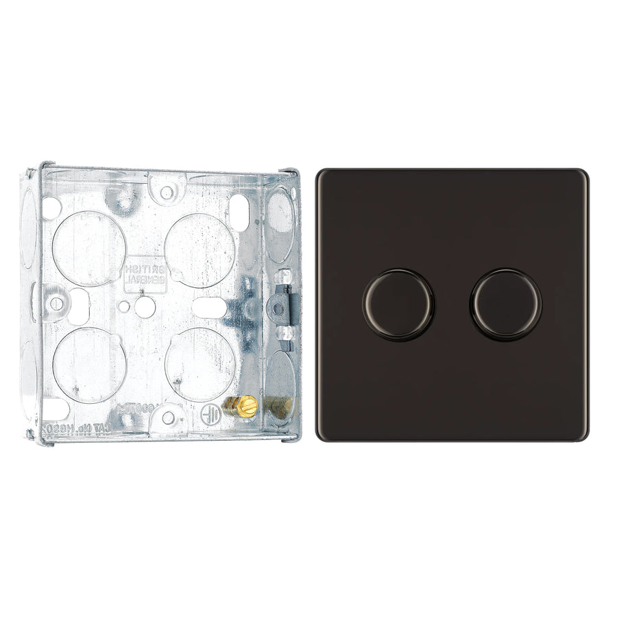 BG Screwless Black Nickel 200W 2 Way Double Trailing Edge Dimmer Switch FBN82 with 25mm Steel Back Box