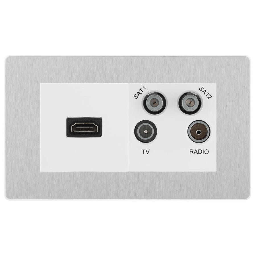 BG Evolve Brushed Steel 4G Faceplate with HDMI + TV/FM/SAT Module - White Insert