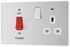 PCDBS70W Front - This Evolve Brushed Steel 45A cooker control unit from British General includes a 13A socket for an additional appliance outlet, and has flush LED indicators above the socket and switch.