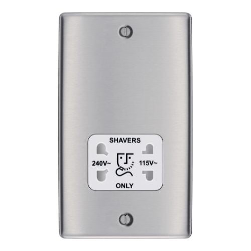 BG NBS20W Metal Brushed Steel 115-230V Dual Voltage Shaver Socket - White Insert