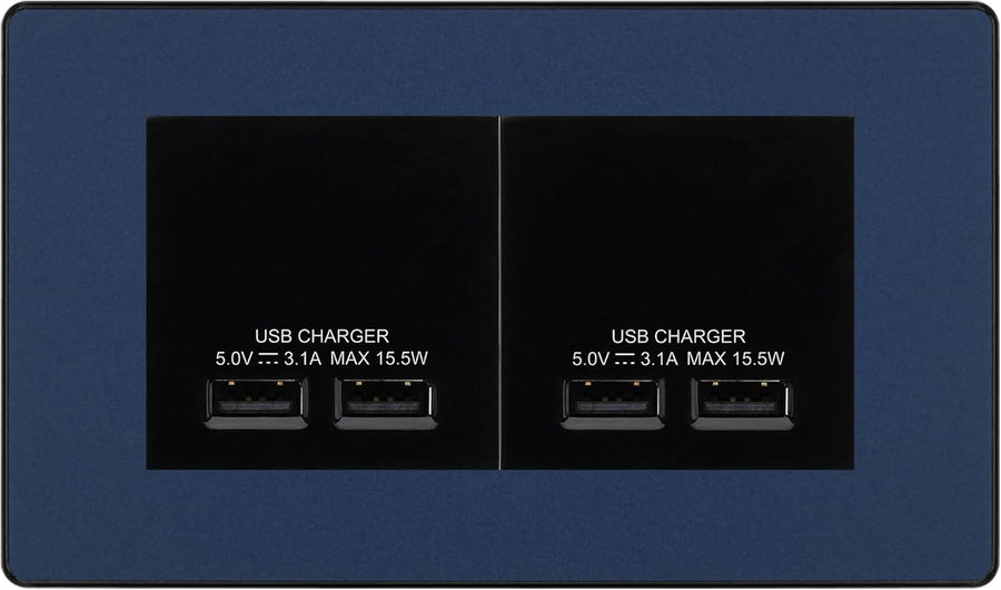 BG Evolve Matt Blue 4-Gang Euro Plate with 2X USB-A Dual Chargers – Black Insert