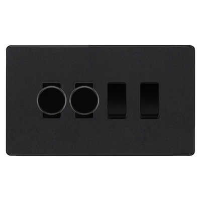 BG Evolve Matt Black 4 Gang Light Switch Grid – 2x Trailing-Edge LED Dimmer, 1x Intermediate, 1x 2-Way Switch