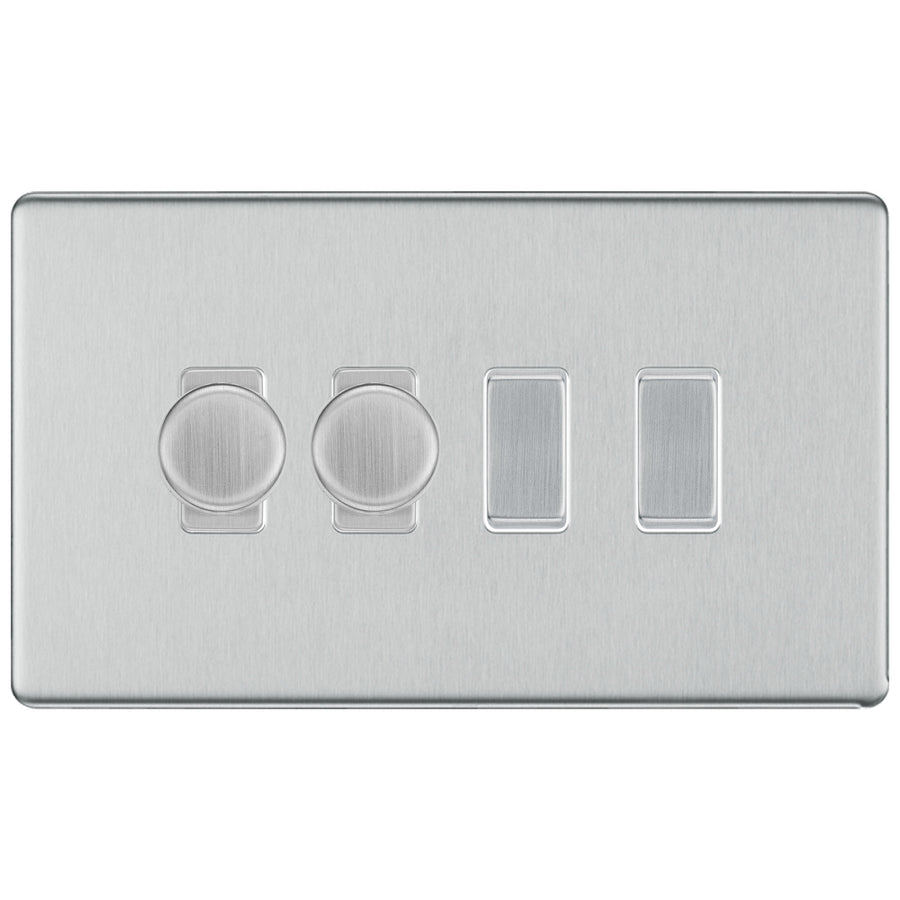 BG Brushed Steel Screwless Flat Plate 4 Gang Light Switch 2x Trailing Edge LED Dimmer 2x 2 Way Custom Switch