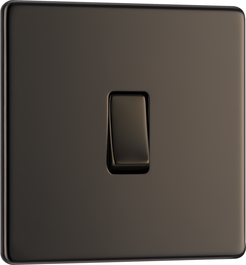 FBN13 Front - This Screwless Flat plate black nickel finish 20A 16AX intermediate light switch from British General should be used as the middle switch when you need to operate one light from 3 different locations such as either end of a hallway and at the top of the stairs.