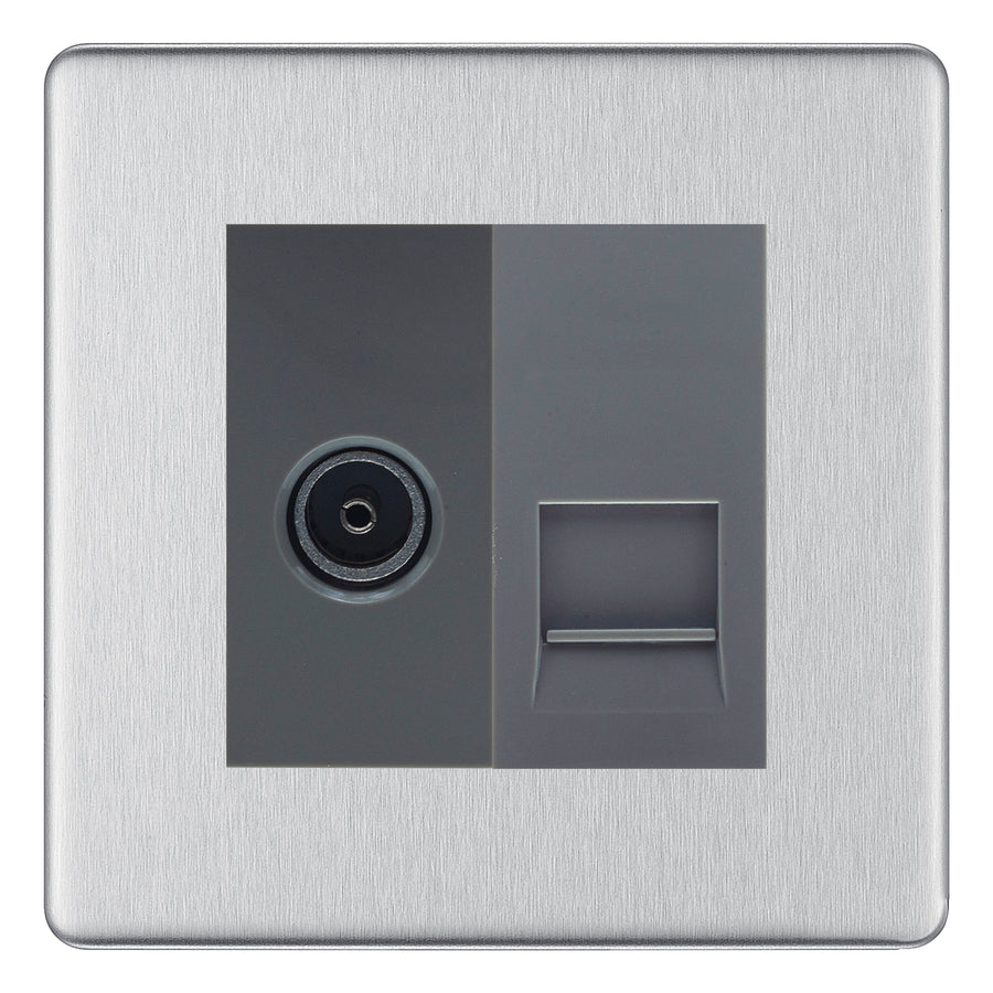 BG Screwless Brushed Steel TV Aerial & BT Telephone Outlet Plate — Grey Insert
