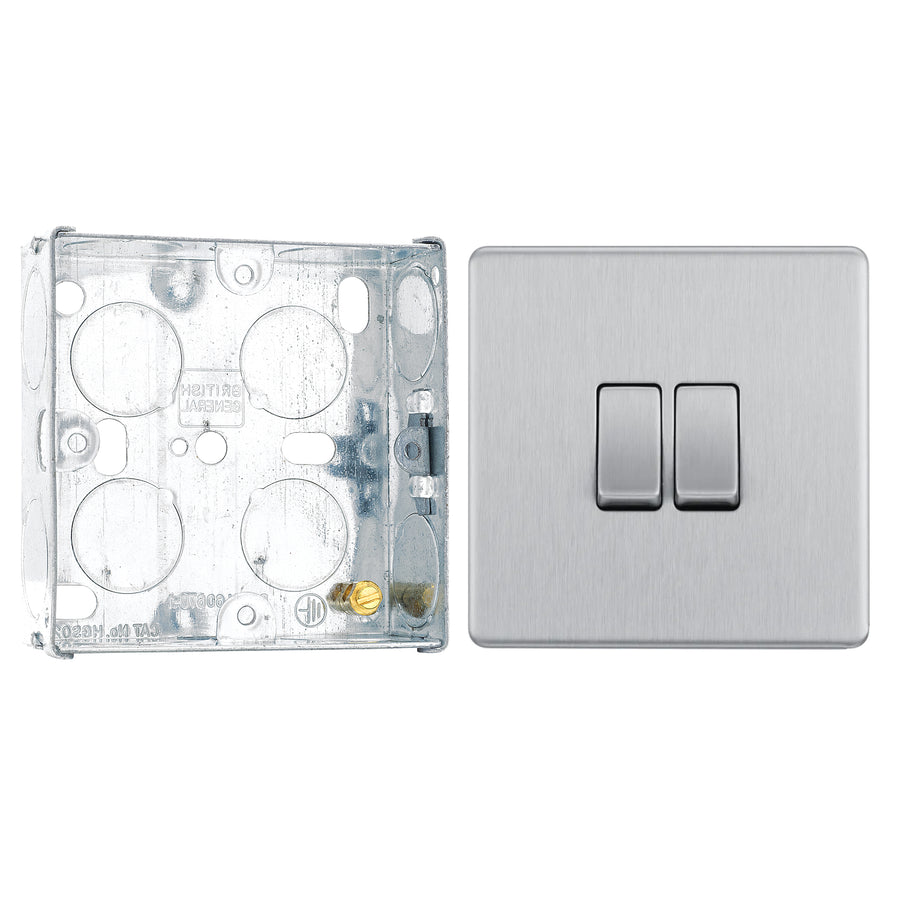 BG Screwless Brushed Steel 20A 16AX 2 Way Double Light Switch FBS42 with 25mm Steel Back Box