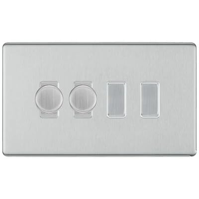 BG Screwless Brushed Steel 4 Gang Switch 2x Trailing Edge LED Dimmer 2x Intermediate Custom Grid Switch