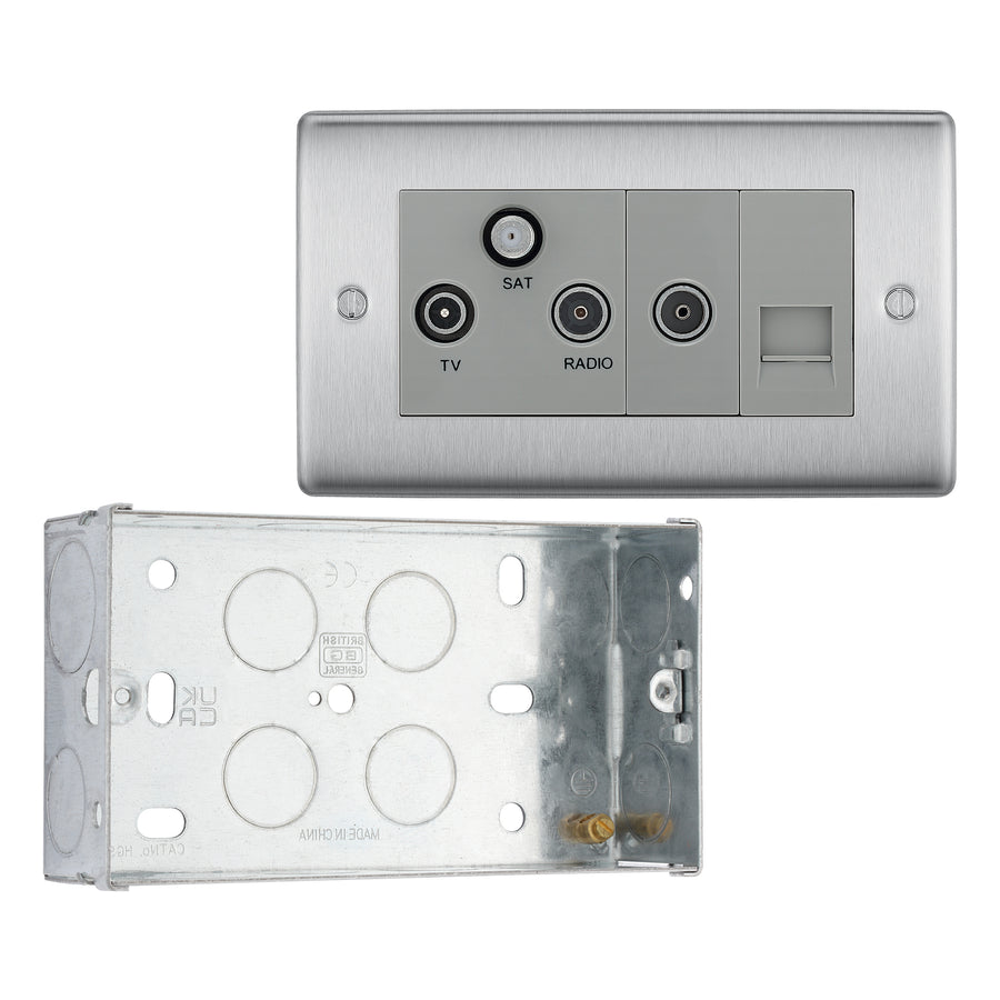 BG Nexus Brushed Steel Triplex TV/FM/Sat Socket + Return & Tel. NBS68 with 35mm Steel Back Box