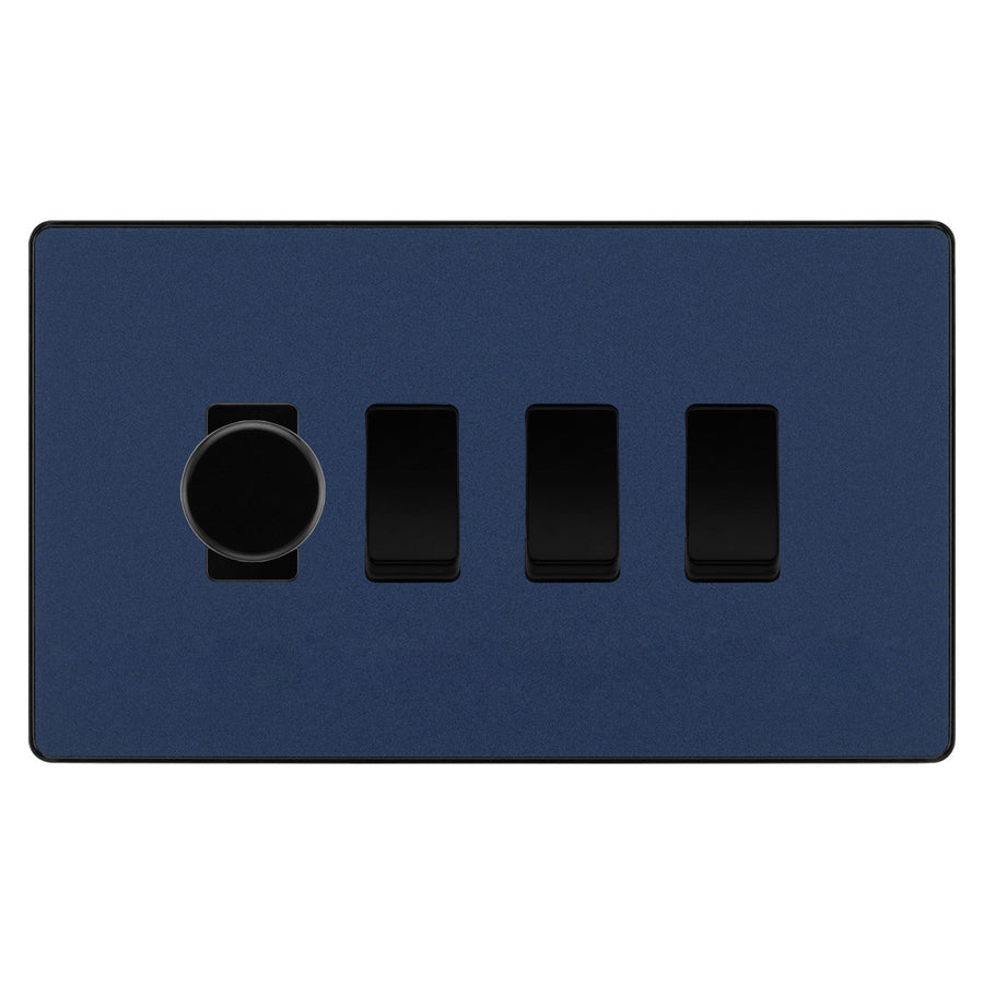 BG Evolve Matt Blue 4 Gang Light Switch 1x Trailing Edge LED Dimmer 3x 2 Way Custom Switch