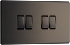 FBN44 Front - This Screwless Flat plate black nickel finish 20A 16AX quadruple light switch from British General can operate 4 different lights whilst the 2 way switching allows a second switch to be added to the circuit to operate the same light from another location (e.g. at the top and bottom of the stairs).