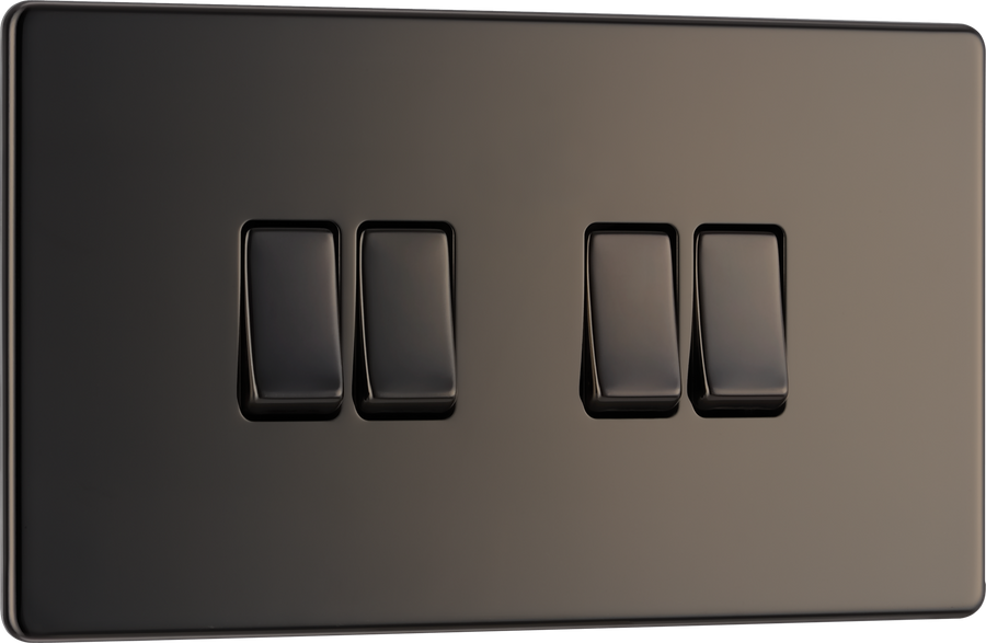 FBN44 Front - This Screwless Flat plate black nickel finish 20A 16AX quadruple light switch from British General can operate 4 different lights whilst the 2 way switching allows a second switch to be added to the circuit to operate the same light from another location (e.g. at the top and bottom of the stairs).