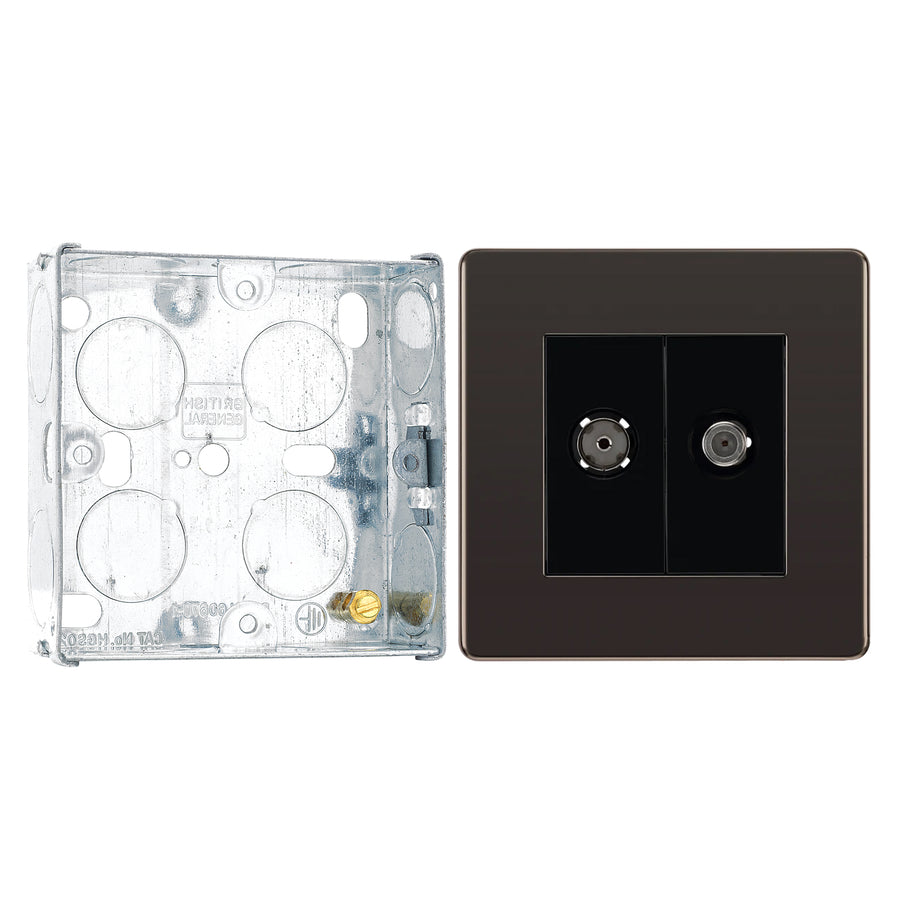 BG Screwless Black Nickel TV/FM/SAT Co-axial Socket FBN65 with 25mm Steel Back Box