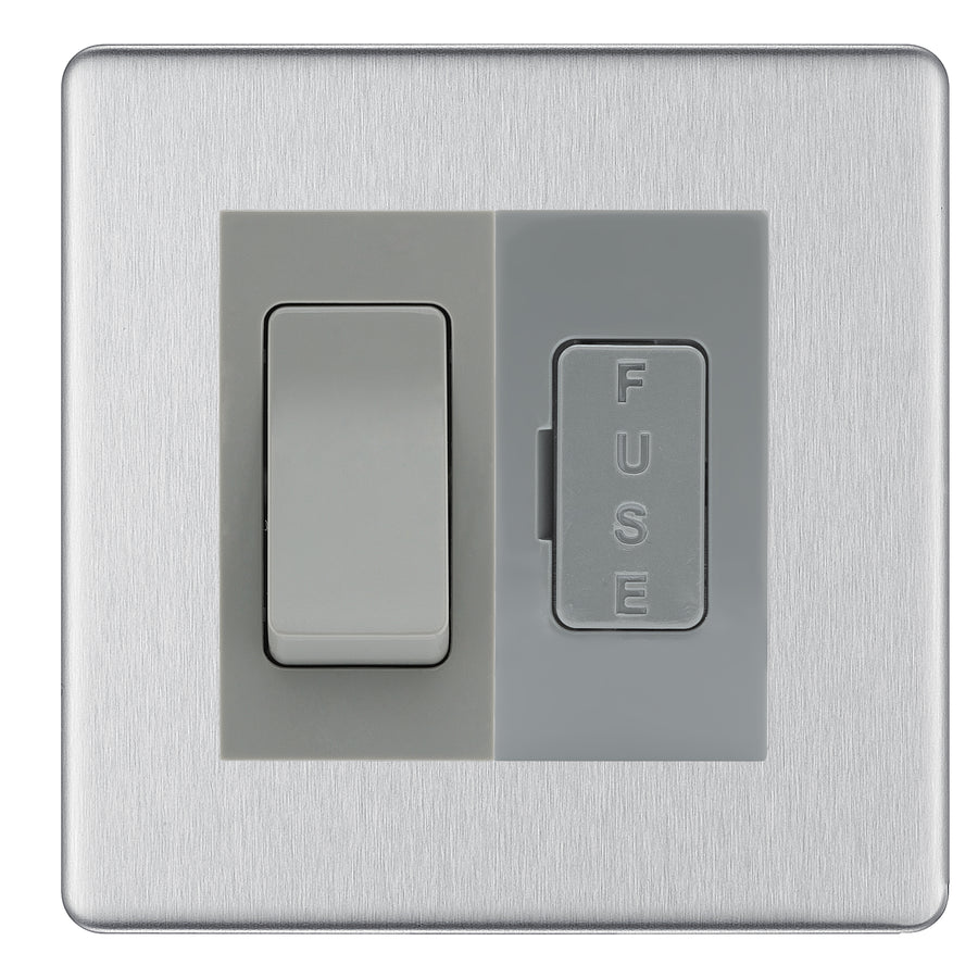 BG Screwless Brushed Steel 2 Way Light Switch & 13A Fused Spur Plate | Grey Insert