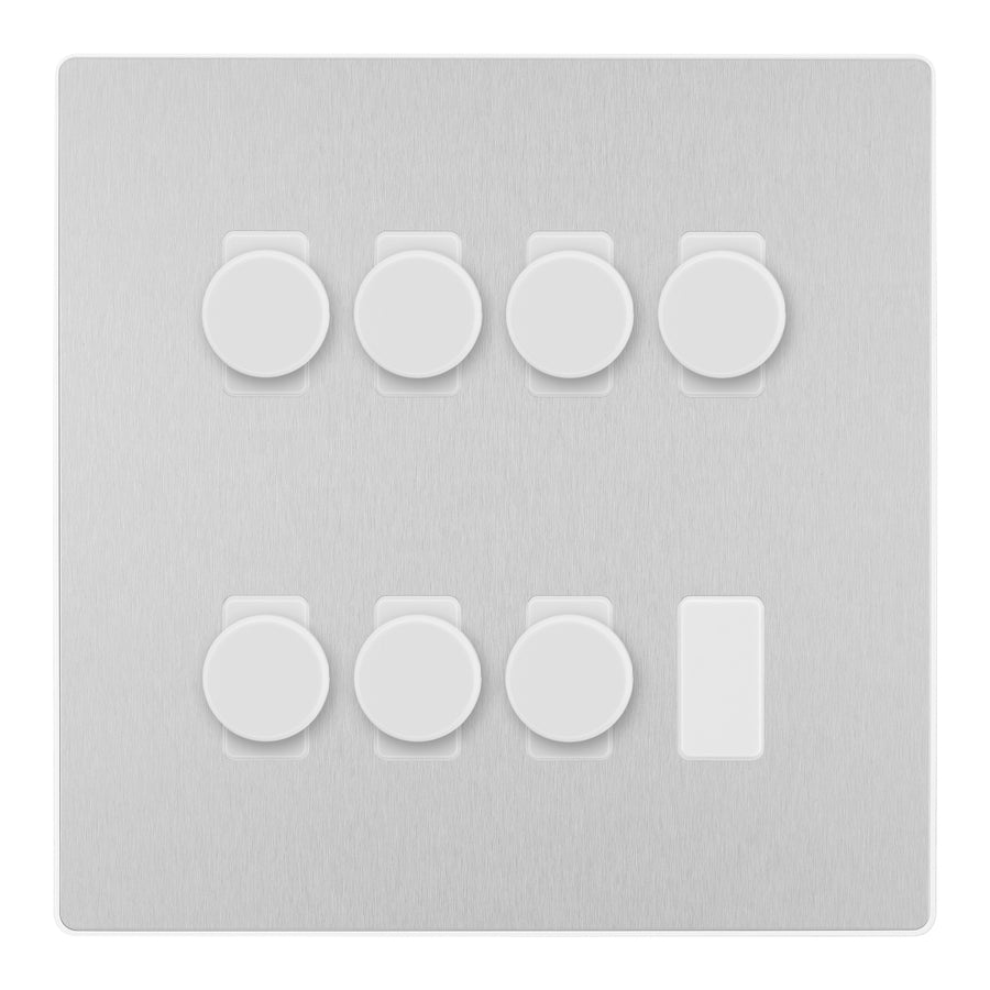 BG Evolve Brushed Steel 7 Gang Trailing Edge LED Dimmer Light Switch 2 Way Custom Switch