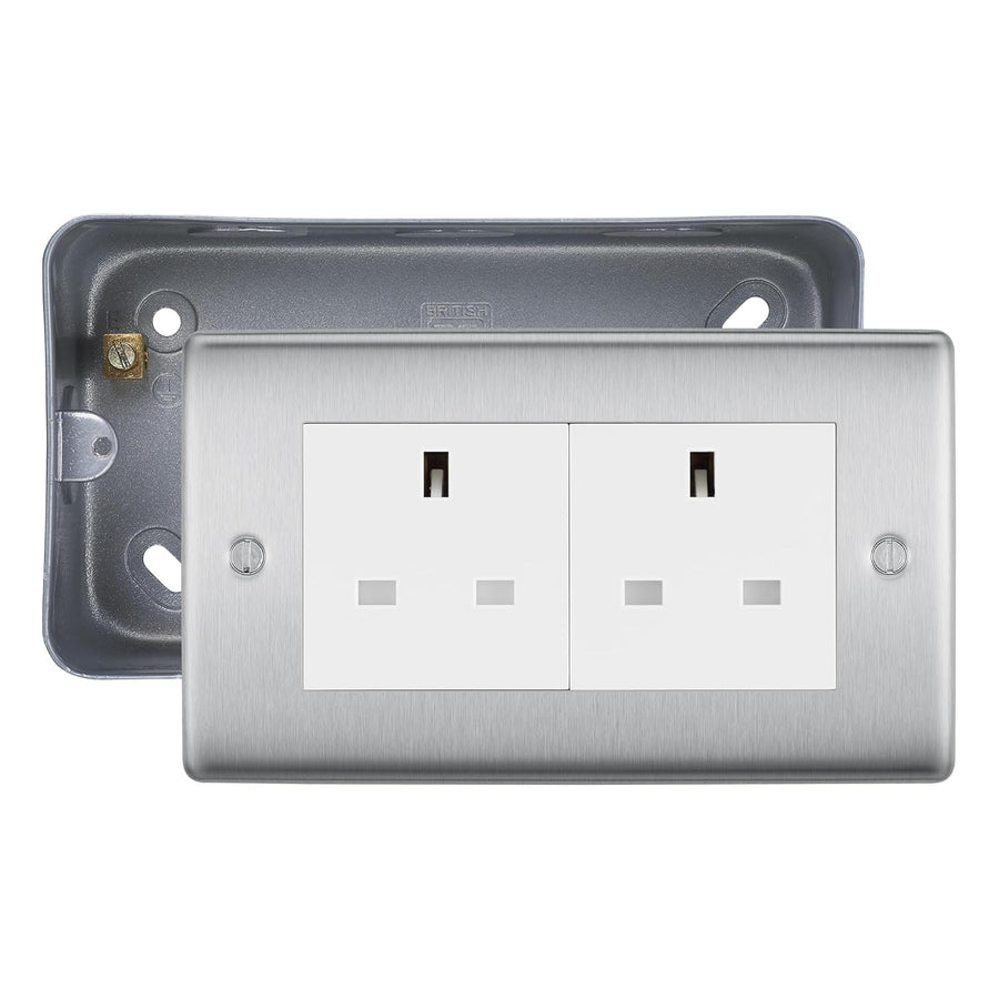 Brushed Steel 2 Gang 13A Unswitched Socket & Surface Pattress Back Box