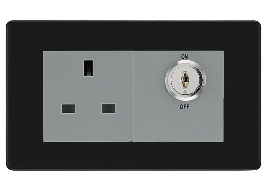BG Screwless Matt Black 13A Double Pole Key Controlled Socket – Grey Inserts