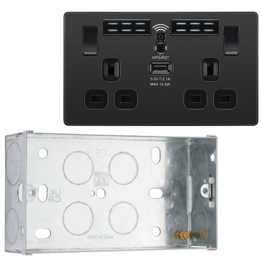 BG Evolve Black Chrome Double USB Socket with WiFi Extender PCDBC22UWRB with 35mm Steel Back Box