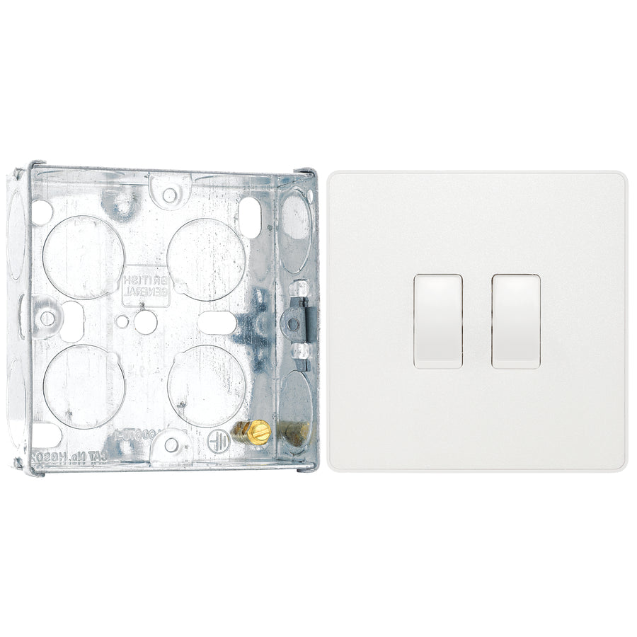 BG Evolve Pearlescent White 20A 16AX 2 Way Double Light Switch PCDCL42W with 25mm Steel Back Box