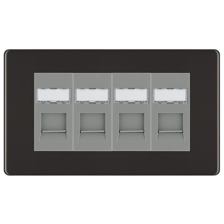 BG Screwless Black Nickel 4 Gang RJ45 Cat6 Data Socket Outlet Grey Inserts