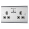 Brushed Steel 2 Gang 13A Switched Double Socket & Surface Pattress Back Box