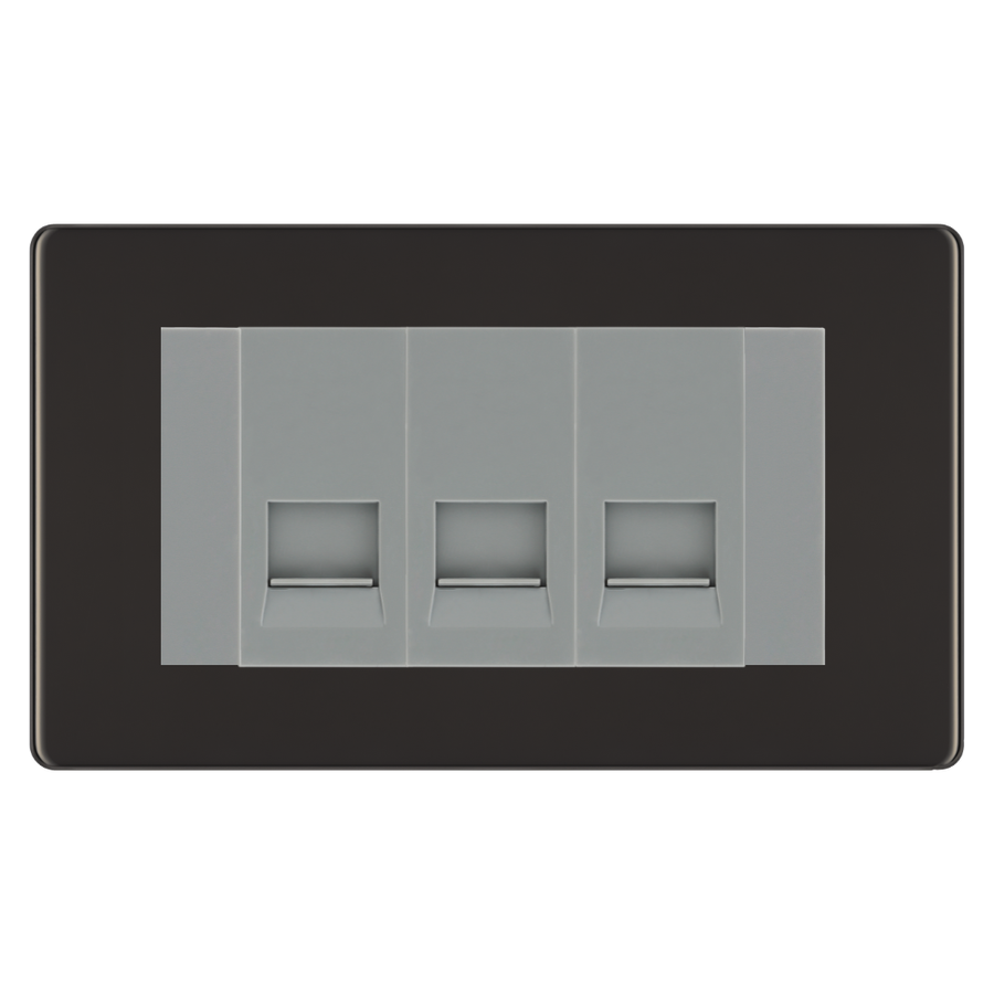 BG Screwless Black Nickel 3 Gang Secondary Telephone Socket, Screw Terminal - Grey Insert