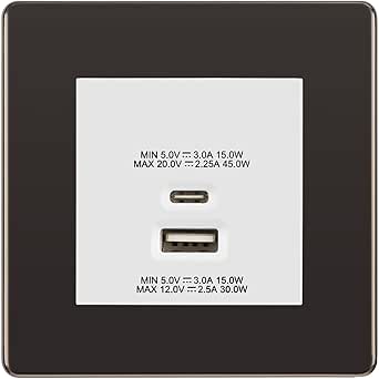 BG Screwless Black Nickel 45W USB Wall Socket Euro Module USB-A & C-White Insert