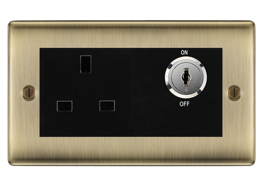 BG Nexus Antique Brass 13A Double Pole Key Controlled Socket – Black Inserts