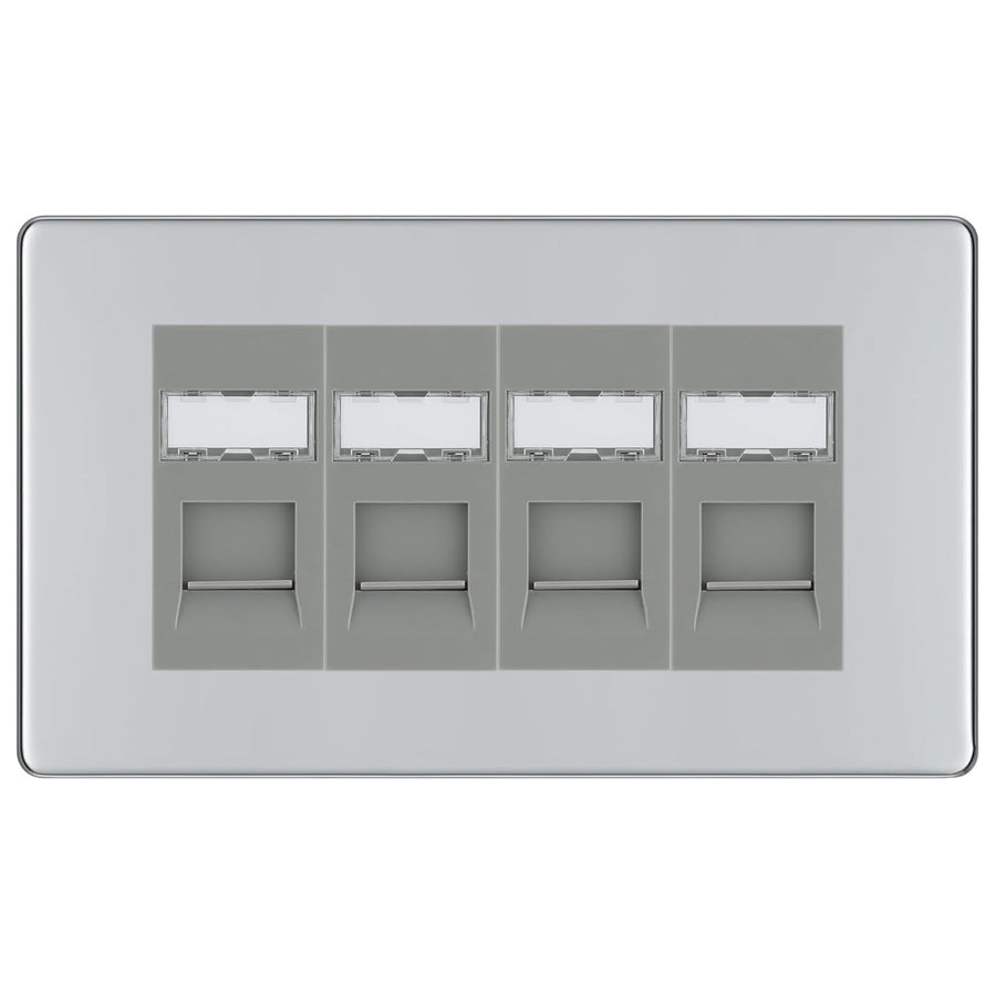 BG Screwless Polished Chrome 4 Gang RJ45 Cat6 Data Socket Outlet Grey Inserts