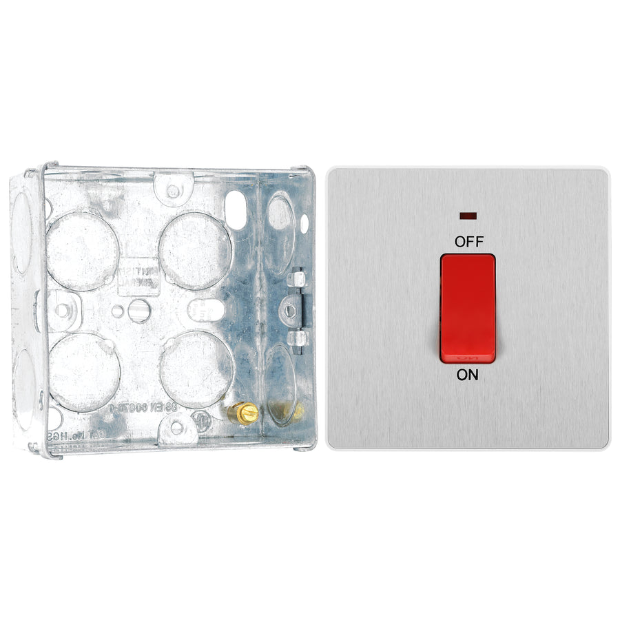 BG Evolve Brushed Steel 45A DP Single Plate + Neon PCDBS74W with 35mm Steel Back Box