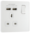  PCDCL21U2W Front - This Evolve pearlescent white 13A single power socket from British General comes with two USB charging ports, allowing you to plug in an electrical device and charge mobile devices simultaneously without having to sacrifice a power socket.