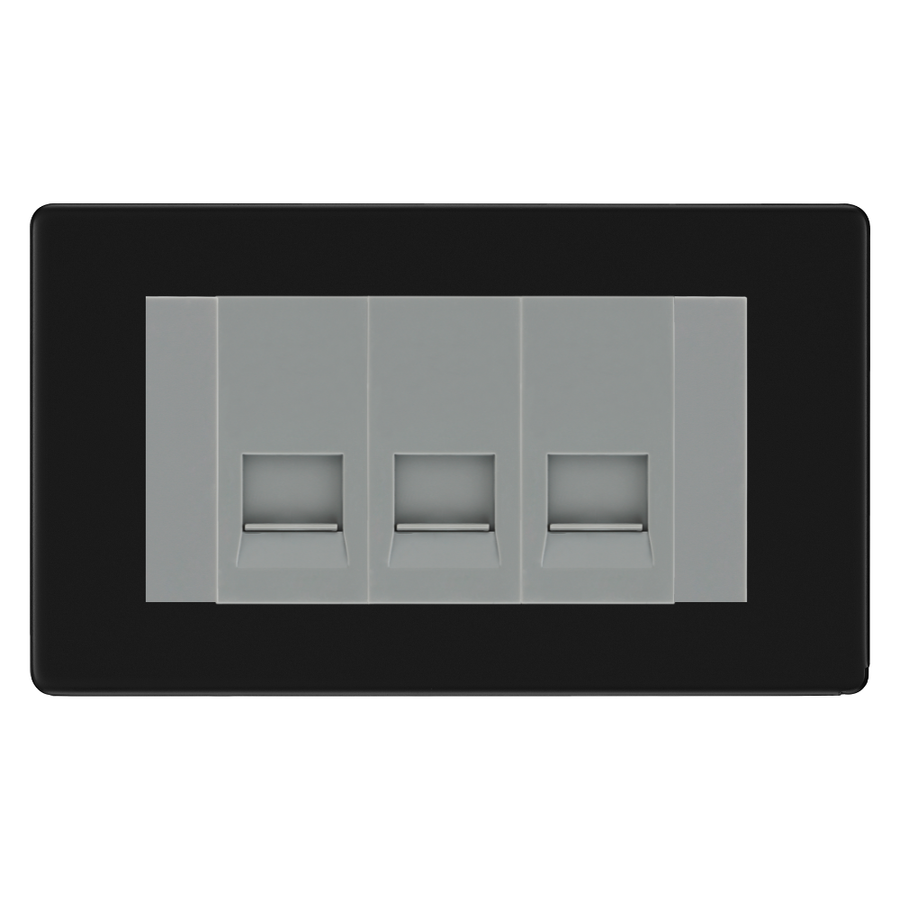 BG Screwless Matt Black 3 Gang Master Telephone Socket - Grey Insert