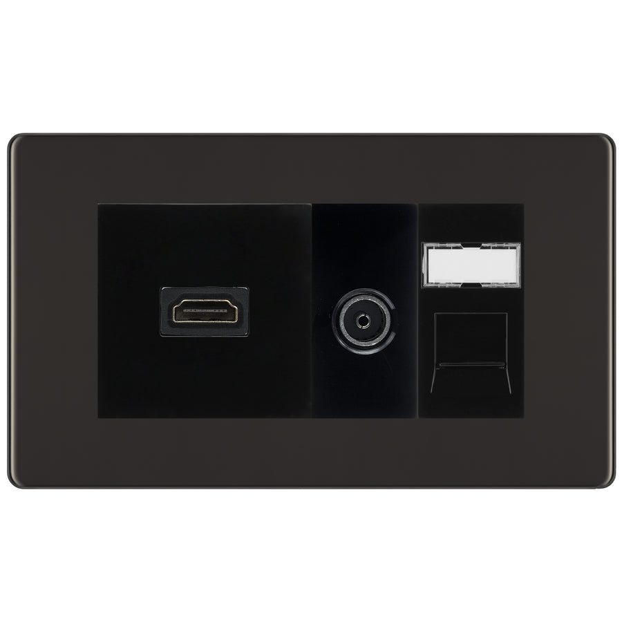 BG Screwless Black Nickel Media Wall Plate TV Aerial, HDMI & CAT6 Outlet – Black Insert