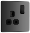 PCDBC21B Front - This Evolve Black Chrome 13A single switched socket from British General has been designed with angled in line colour coded terminals and backed out captive screws for ease of installation, and fits a 25mm back box making it an ideal retro-fit replacement for existing sockets.